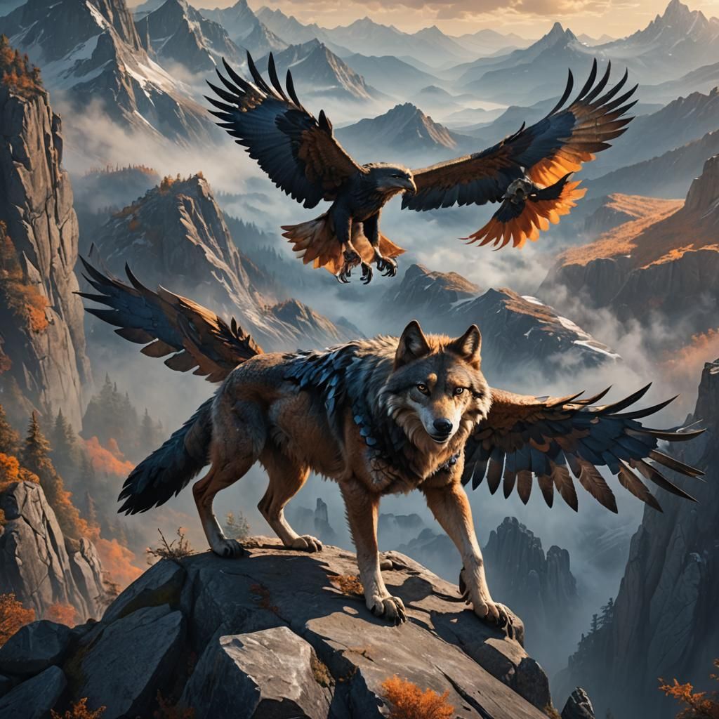 Hyper-Realistic Wolf-Eagle Hybrid on Mountain Peak