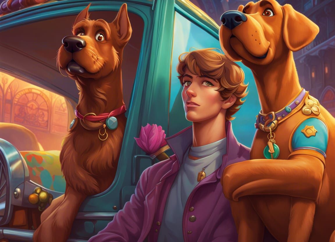 Scooby doo is leaning against a sausage-shaped car, art by iwao takamoto, head and shoulders portrait, 8k resolution con...