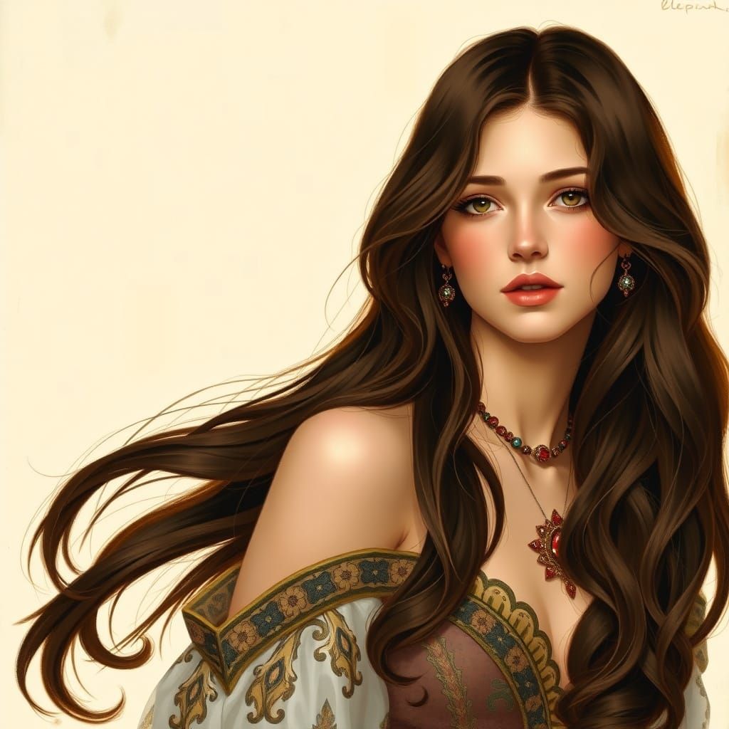 Elegant Woman with Brown Hair in Mucha Style