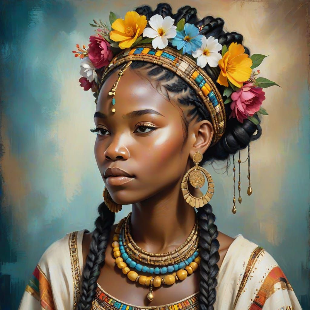 Ethereal African Royal Beauty in Whimsical Oil Painting