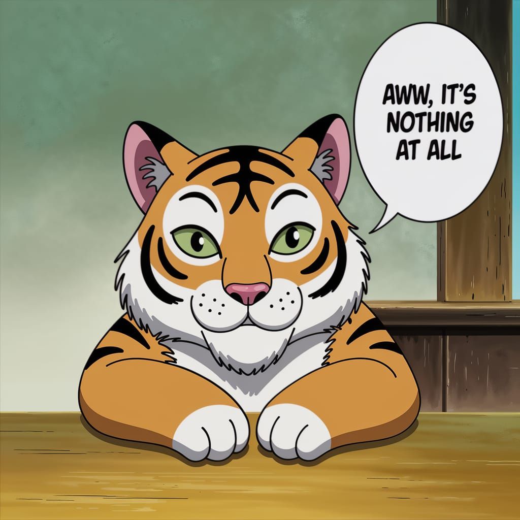 A cartoon tiger cat - "Aww, it's nothing at all"