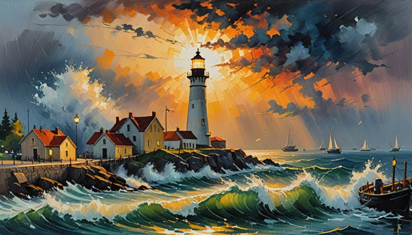 Lighthouse in Storm: An Impressionist Oil Painting
