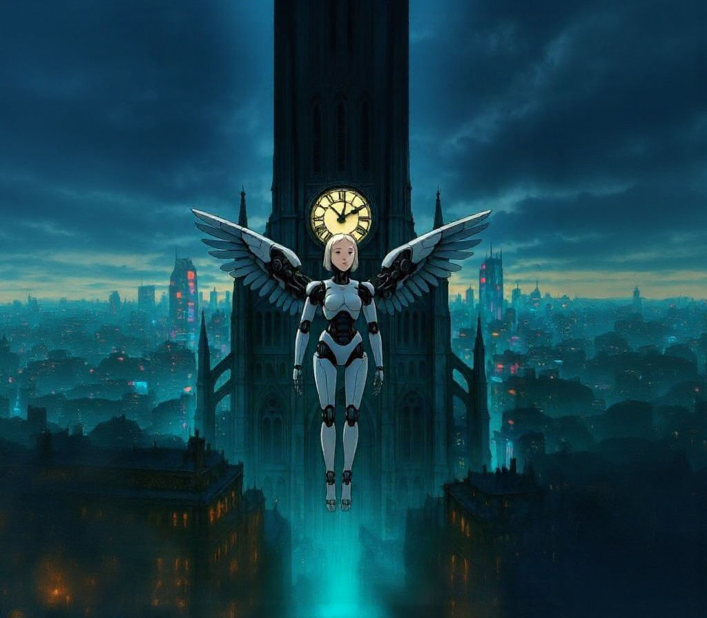 Robot Angel Over Clockwork Cathedral in Cyberpunk City