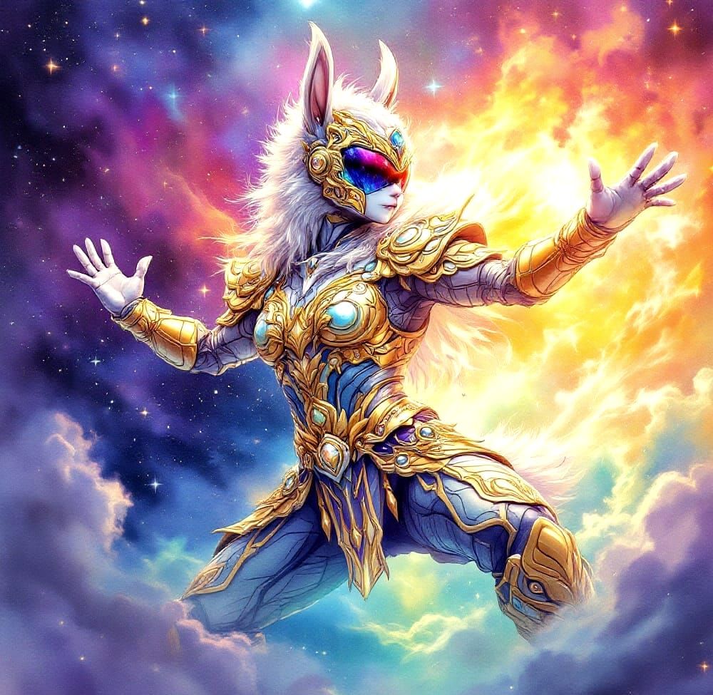 Golden Alpaca Goddess in Vibrant Cosmic Armor