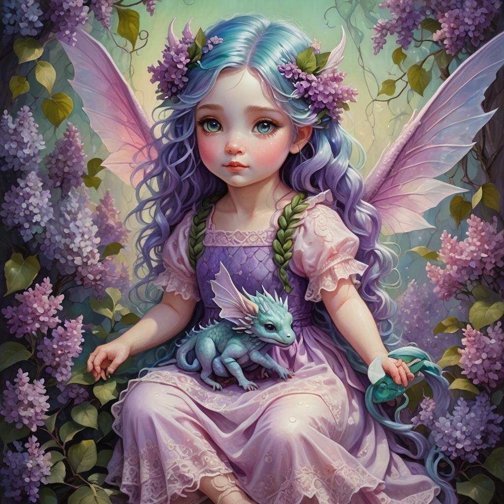 Fairy and Dragon in Lilac Garden, Digital Painting