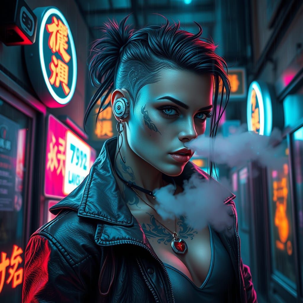 Cyberpunk Assassin in Rain-Slicked Alleyway