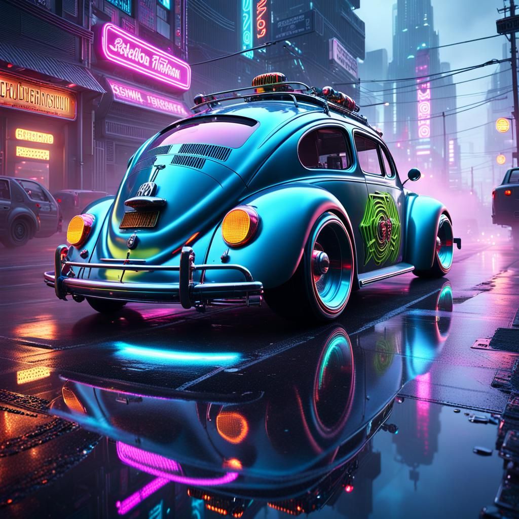 Cyberpunk Rat Fink VW Bug on Wet Metallic Road