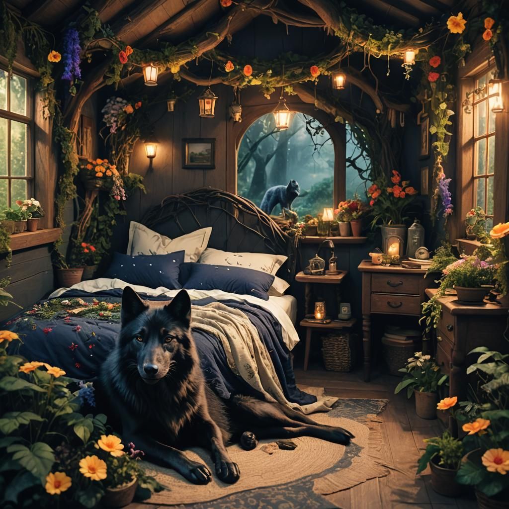 Enchanted Fairy Cottage Bedroom with Sleeping Wolf