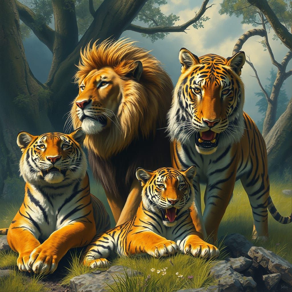 Hybrid Lion, Tiger, and Lynx in Fantasy Art Style