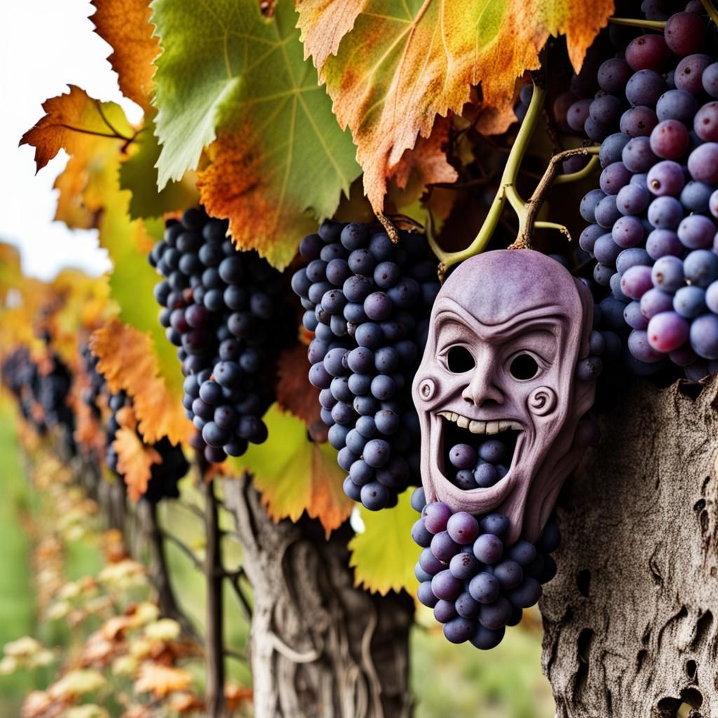 Spooky Carved Grape Faces in Fall Vineyard