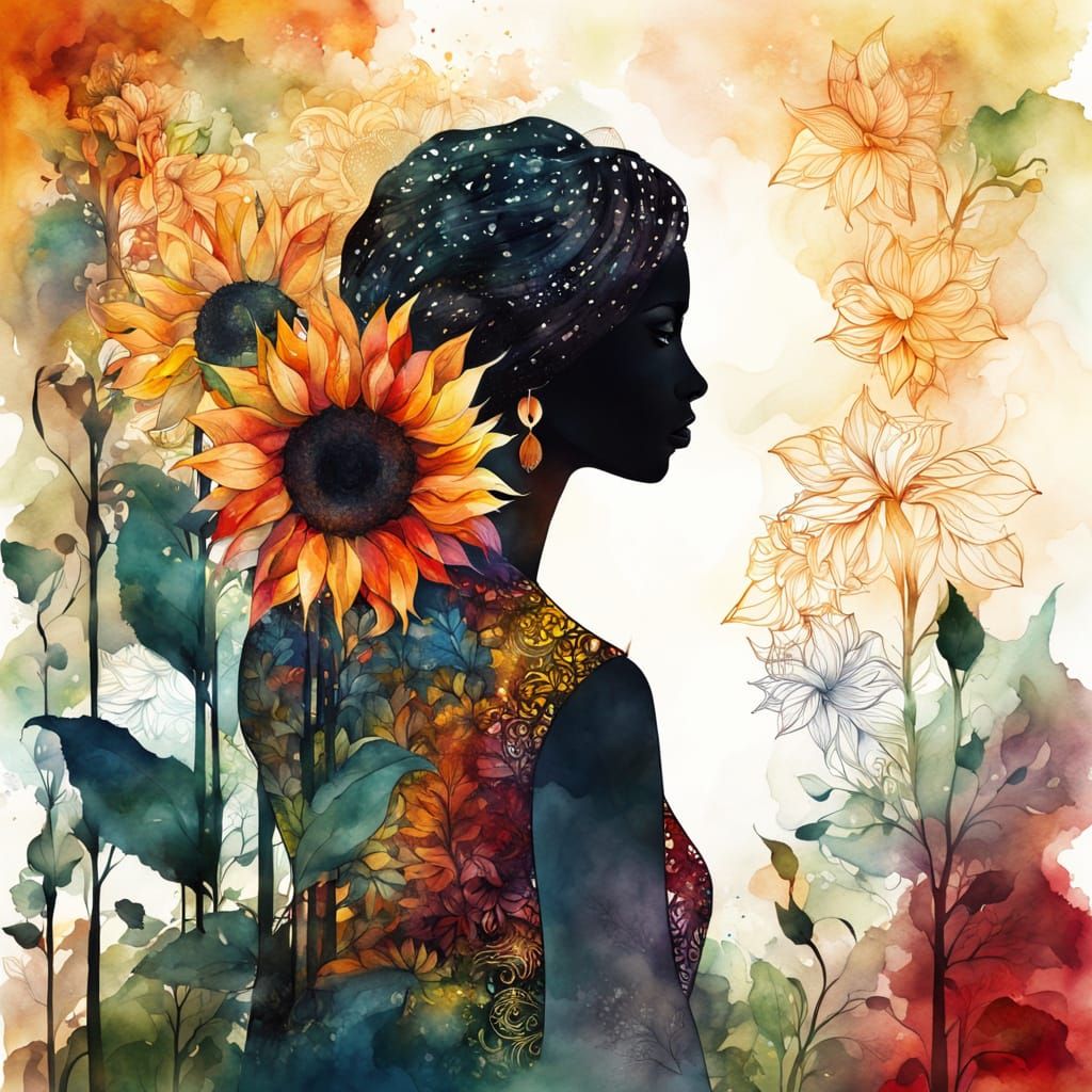 Vibrant Watercolor Silhouette with Sunflower in Abstract Sty...