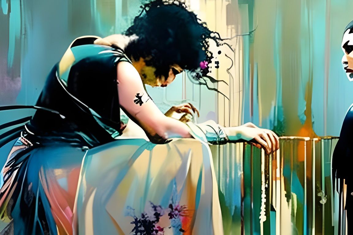 Embracing Figures in Dark, Dramatic Oil Painting