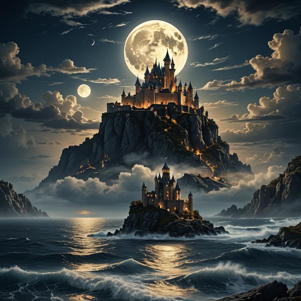 Ethereal Neoclassical Castle Illuminated by Midnight Moon