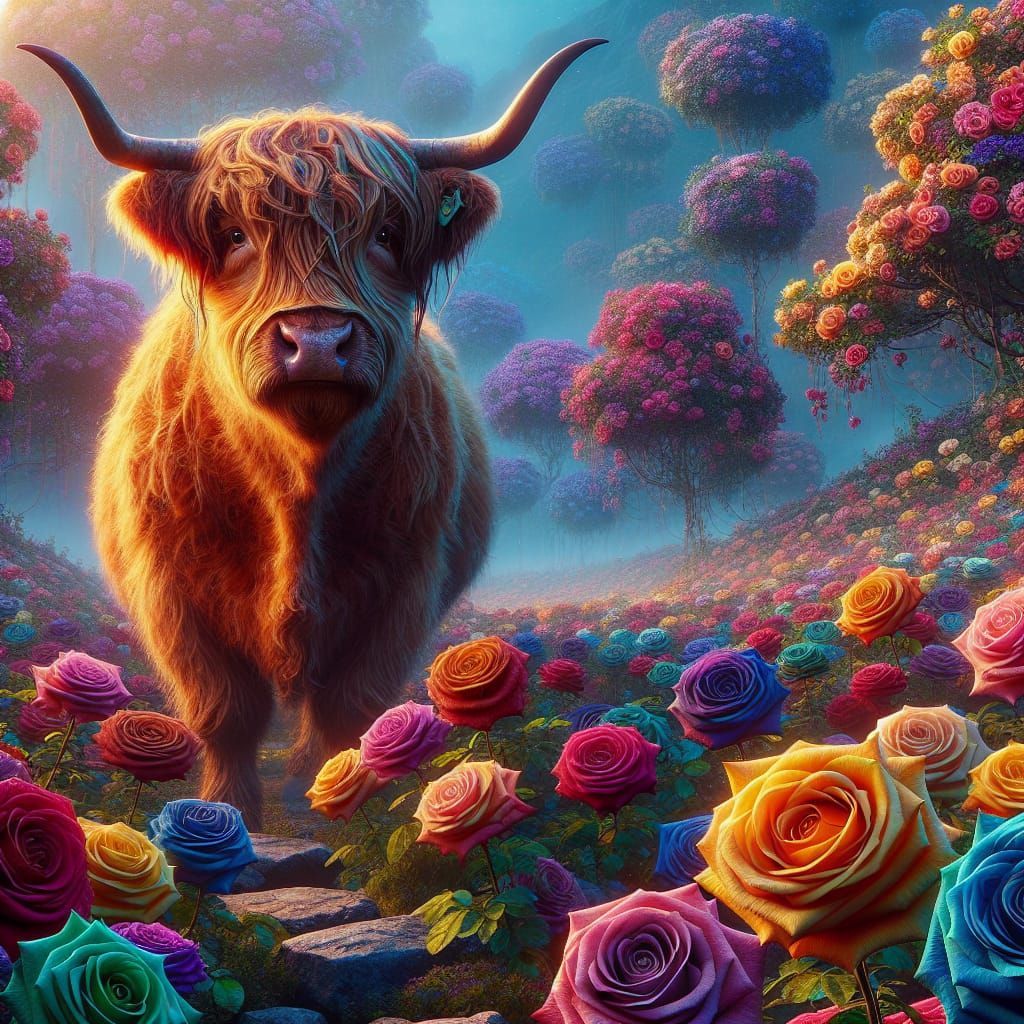 Highland Cow in Rainbow Rose Field: Matte Painting