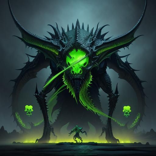 Acid Green Alien Dragon with Skull Head