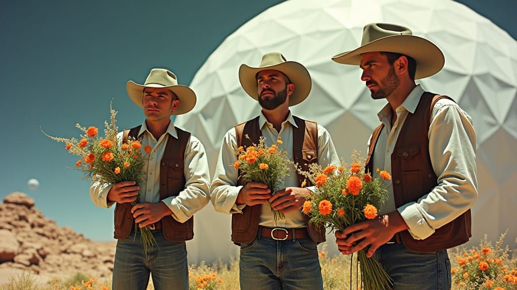 Cowboys Tend Flowers in Moon Dome: Retro-Futuristic Art