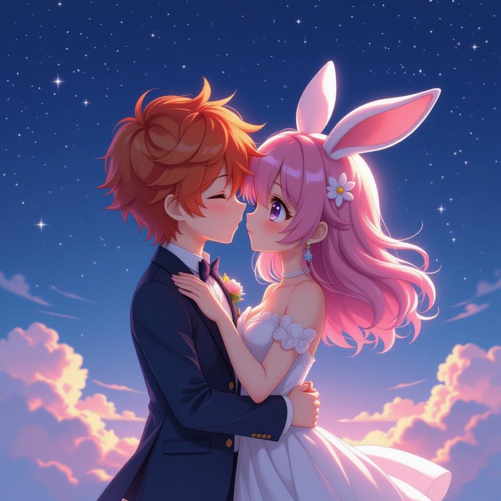 Anime Couple Kissing in Starry Sky, 3D Render