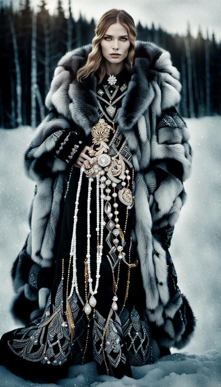 Russian Girl in Fur Coat with Diamonds, Siberian Winter
