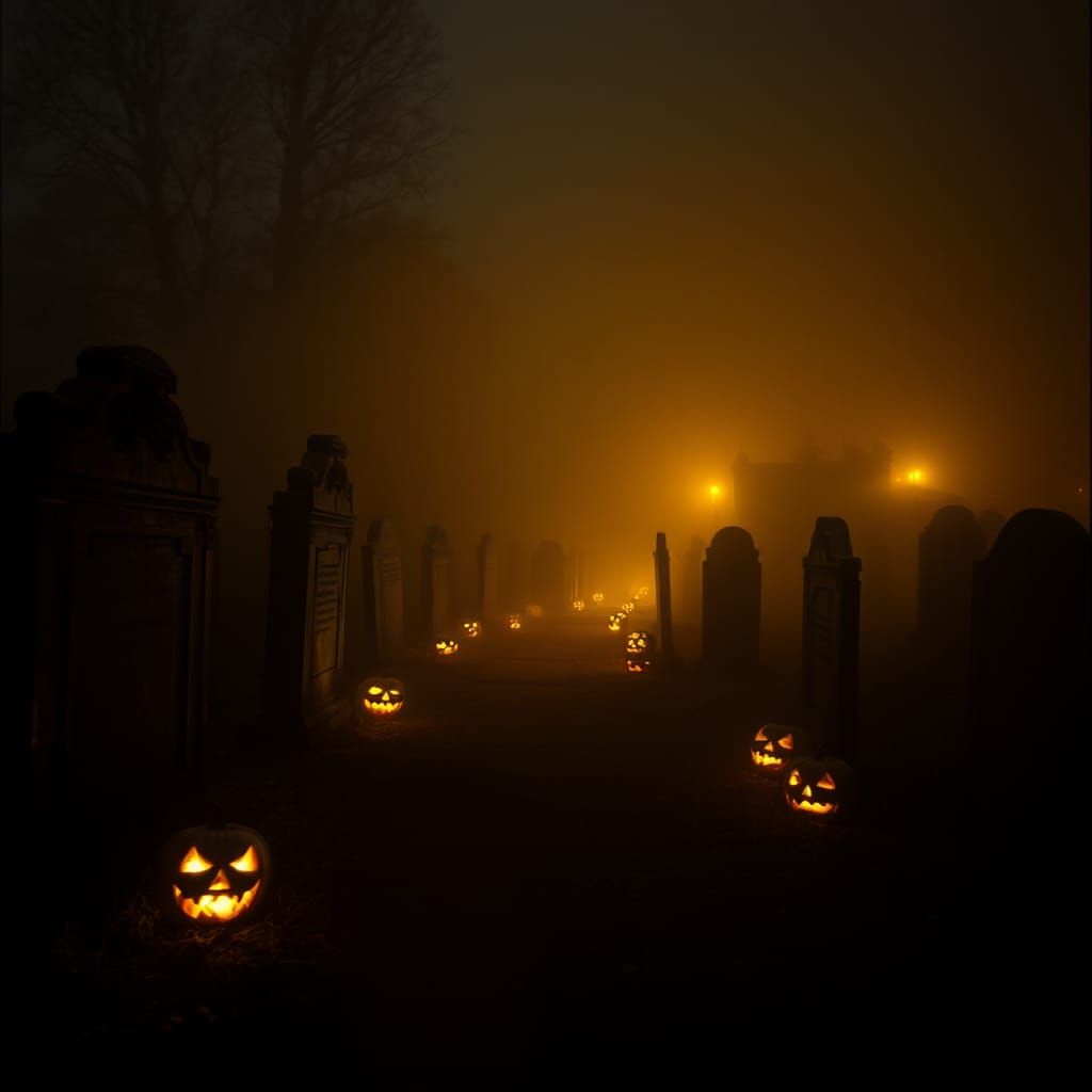 Eerie Graveyard Scene with Jack-o'-Lanterns