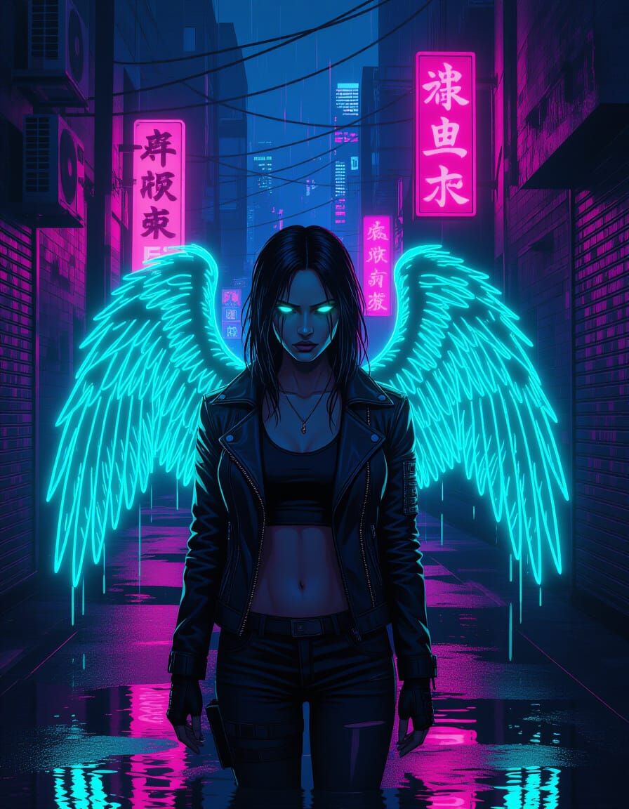 Cyberpunk Angel in Neon Alleyway, Graphic Novel Style