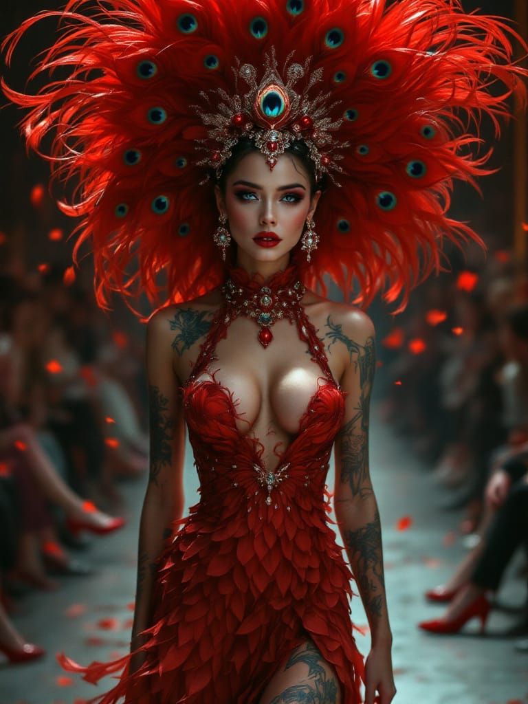 Peacock Feather Dress Model on Runway