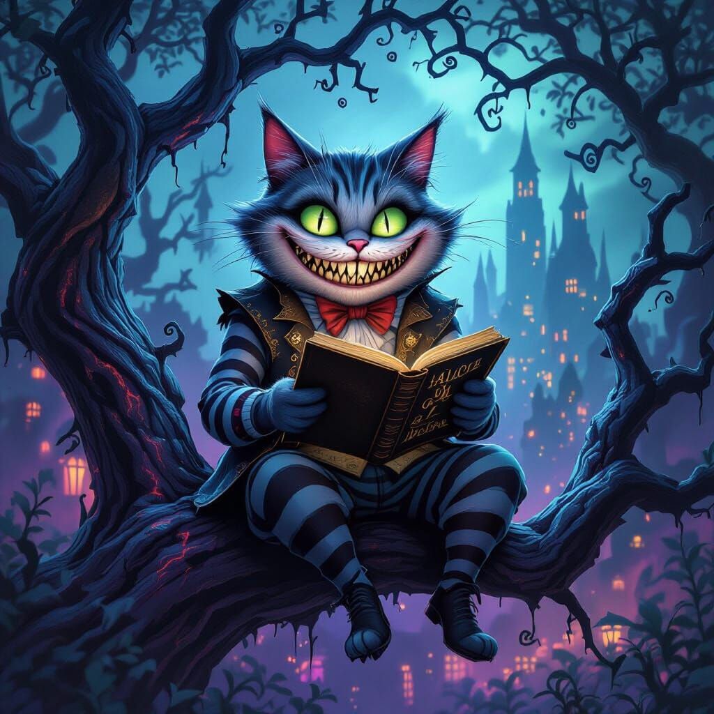 Whimsical Cheshire Cat Reading Alice in Wonderland in Gothic...