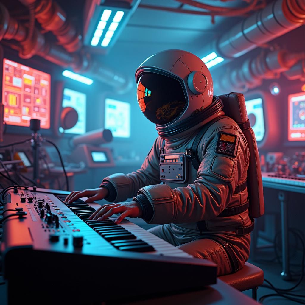 Astronaut in Space Music Studio, Retro-Futuristic Art