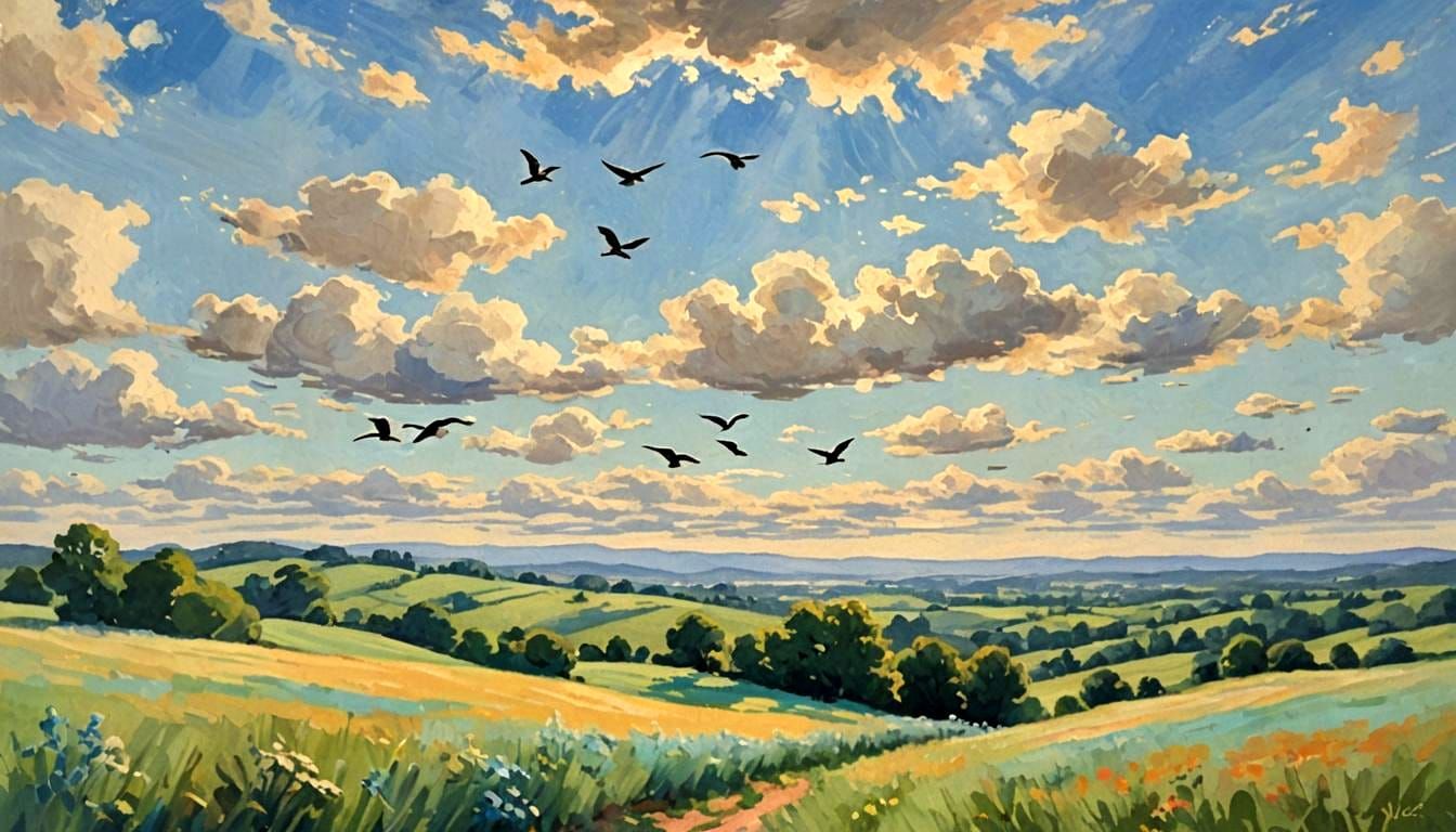 Birds in a Clear Sky Gouache Watercolor Painting