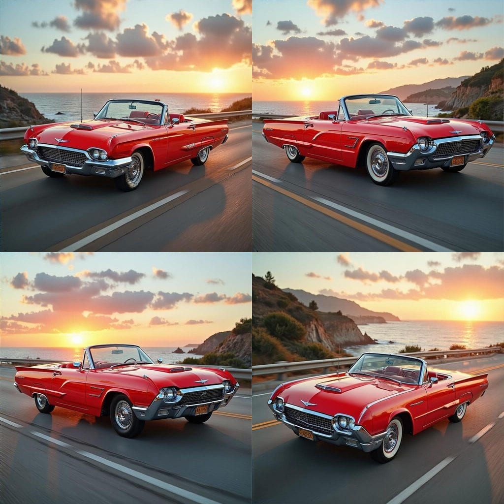Vintage Ford Thunderbird Convertible Cruises Coastal Highway...