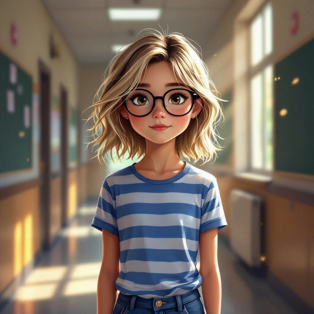 Young Girl in School Hallway With Sunlight Streaming In