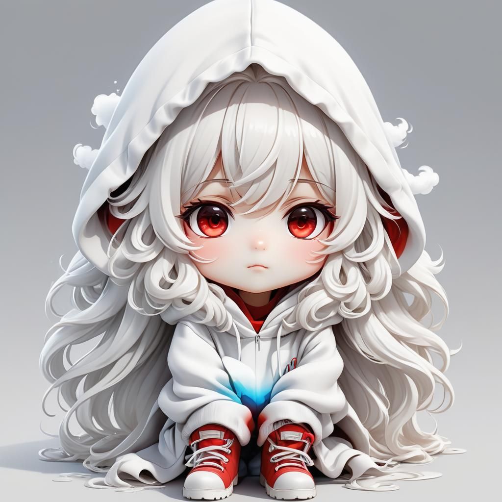 Shy Anime Chibi with White Hair in Digital Art