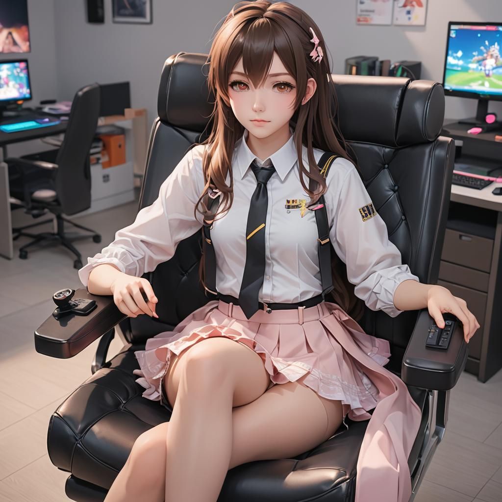 Feminine Kawaii Character in Gaming Chair, Anime Art