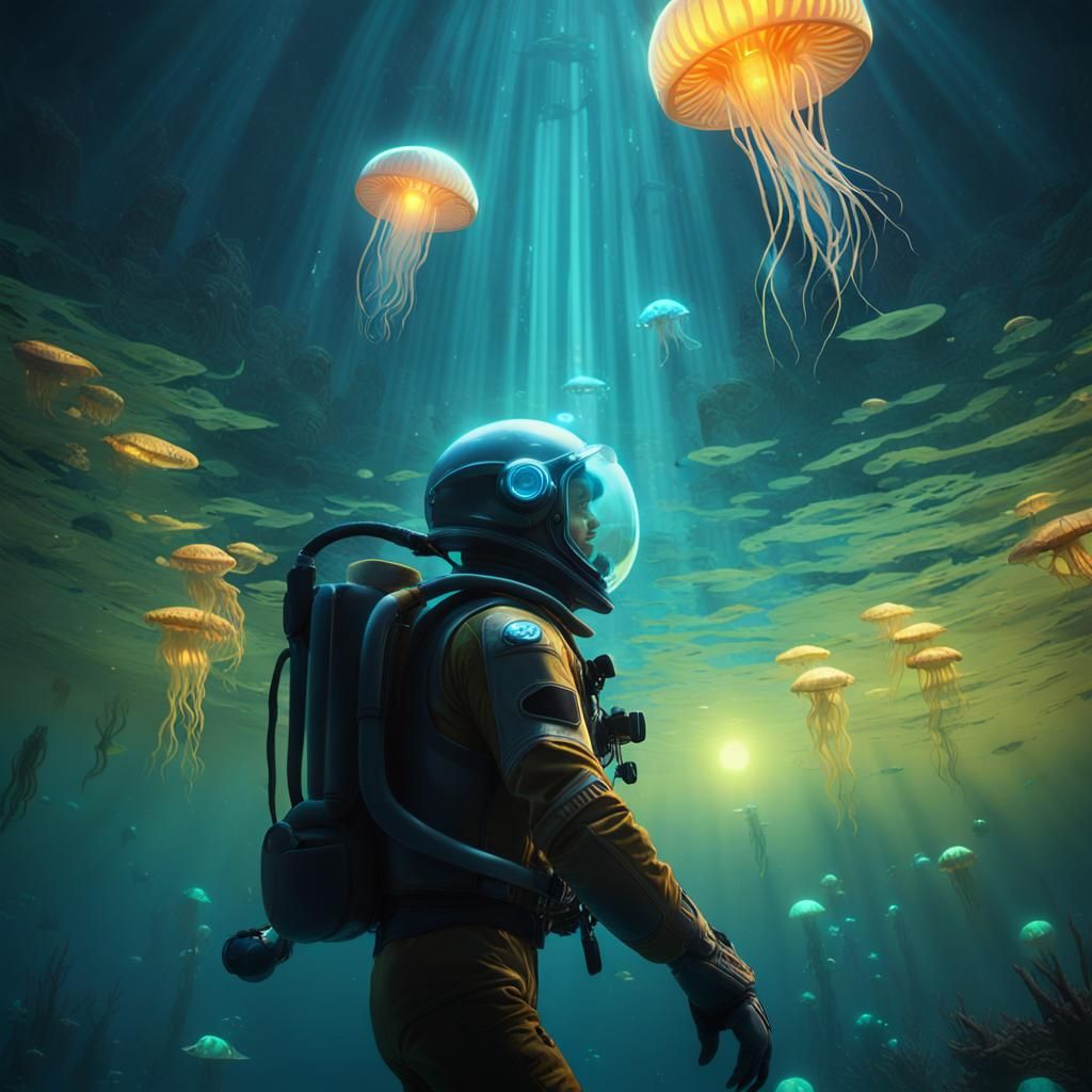 Underwater Diver Looks Up at Full Moon