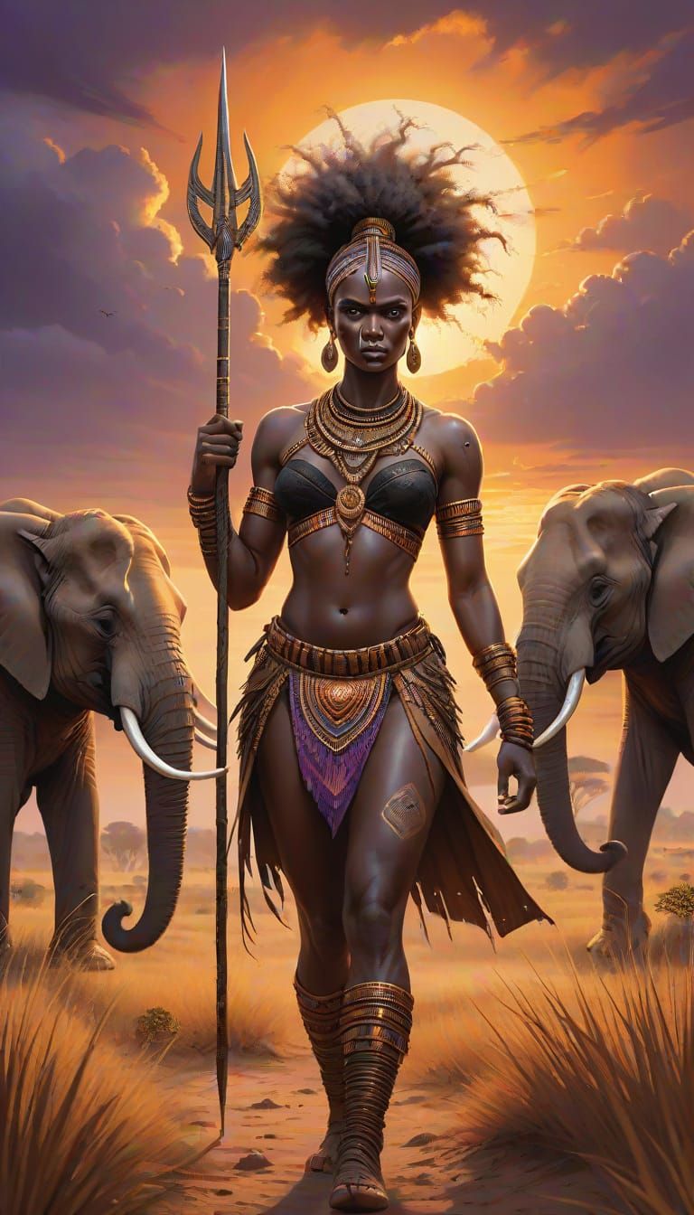 African Warrior Woman in Golden Savannah
