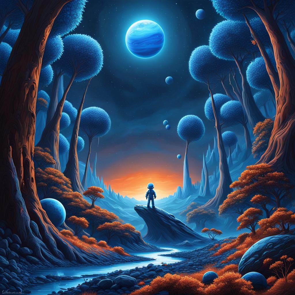 Little Blue Man Reveals Mars in Airbrush Art