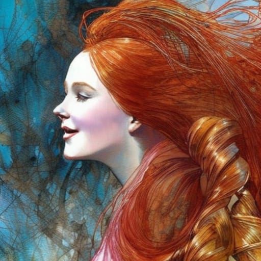 Redhead Women with Rapunzel Hair Embrace in Sunshine
