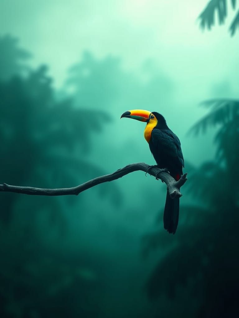 Melancholic Toucan in Mystical Rainforest Mist