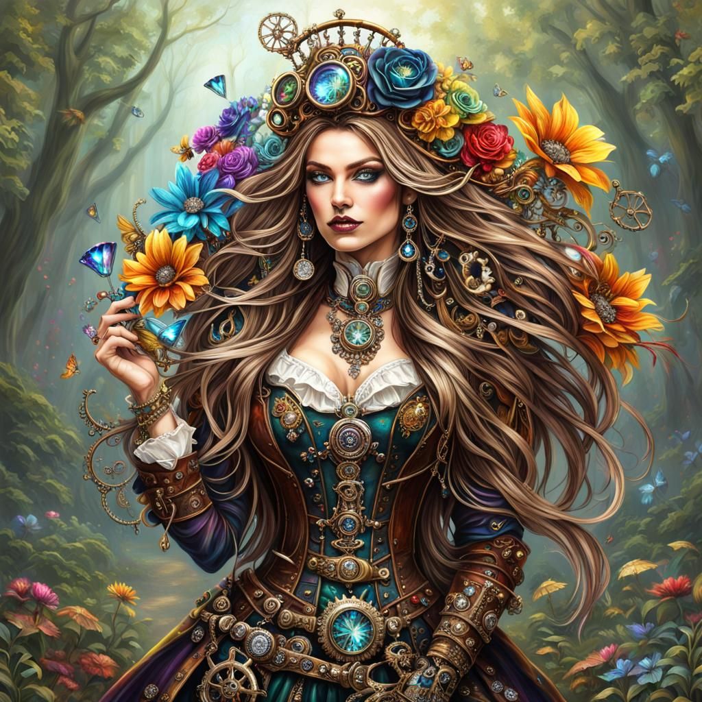 Fairy Queen in a Rainbow Steampunk Forest
