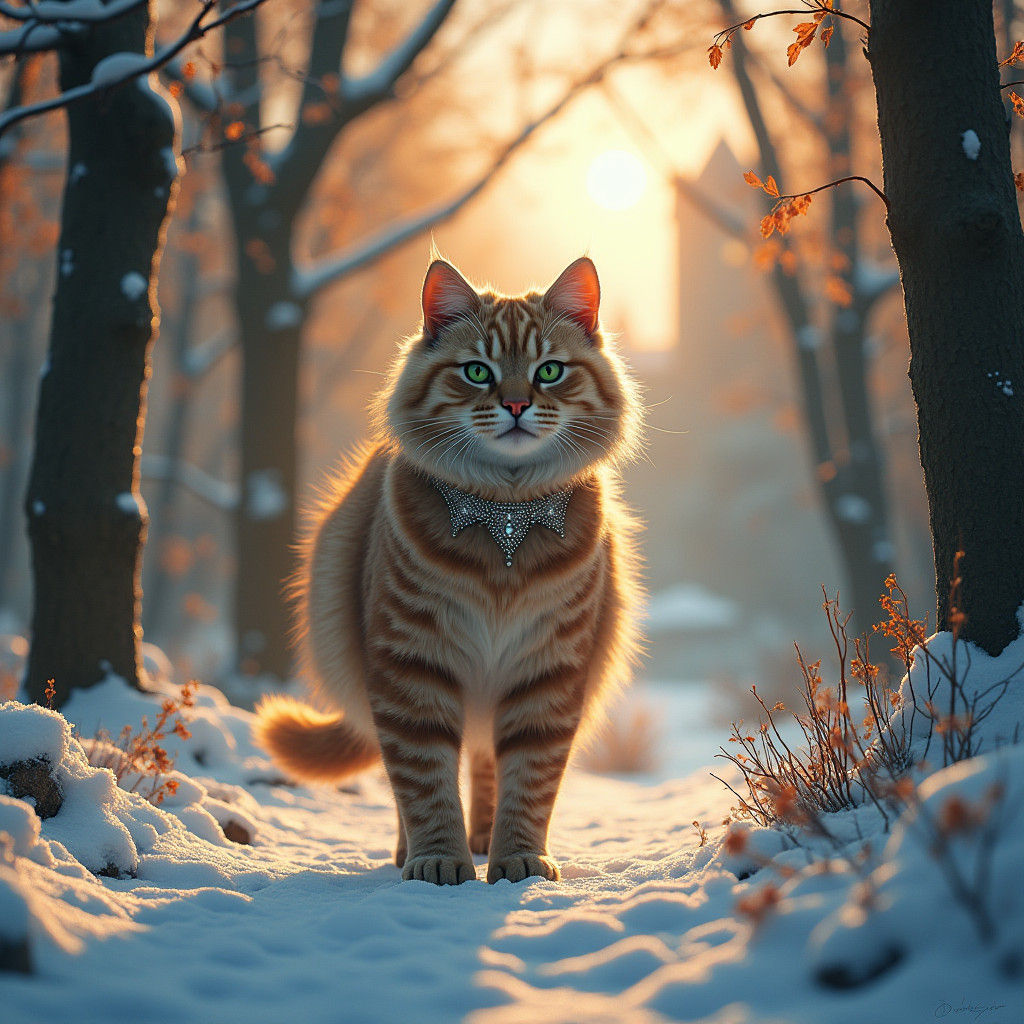 Majestic Cat in Snowy Autumn Forest