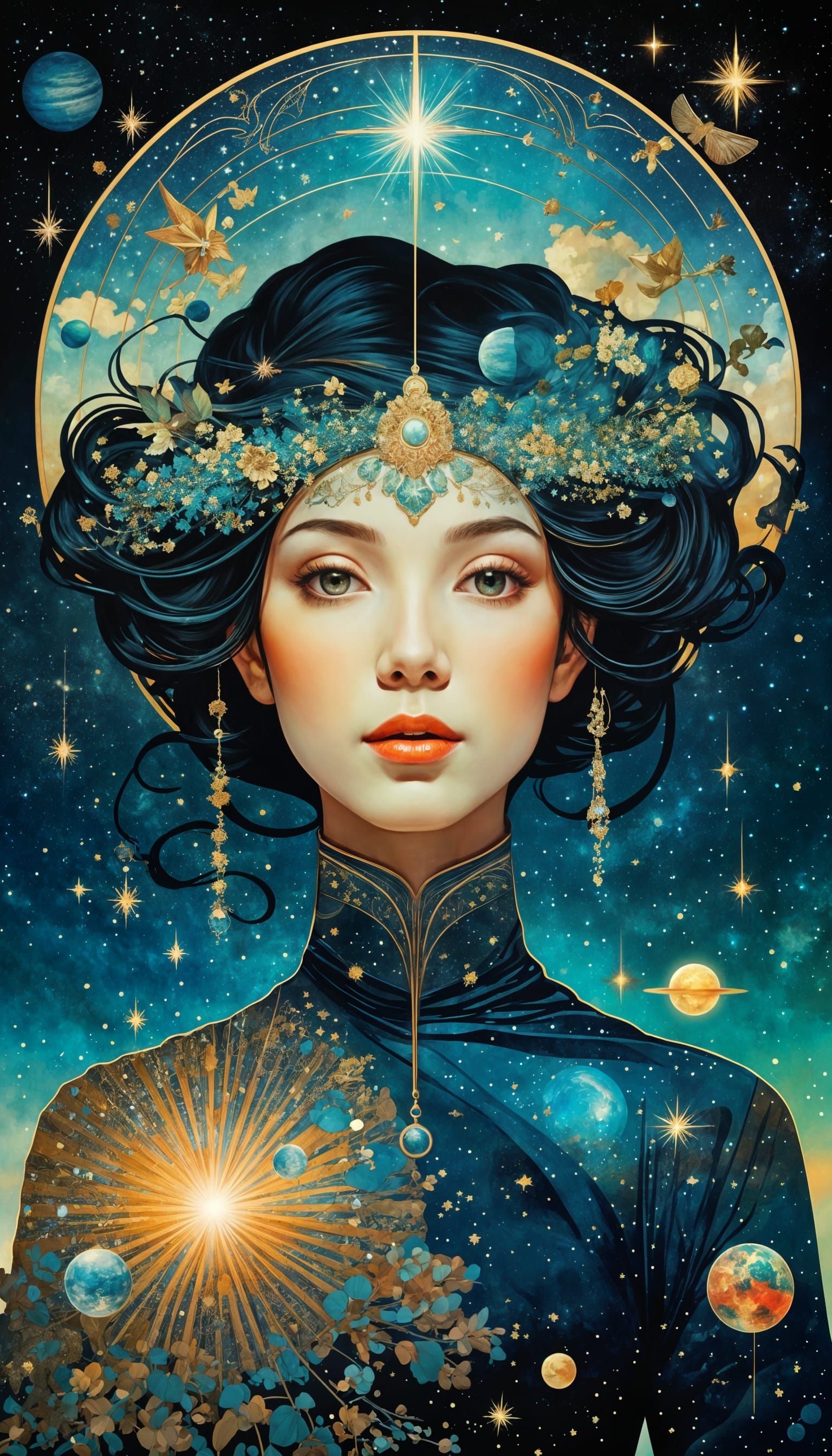 Surreal Stardust Face in Art Nouveau Style