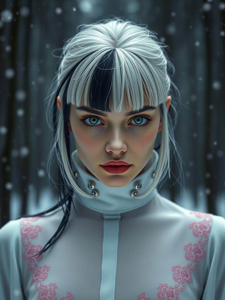 Cruella's Intense Gaze in Snowy Forest, Hyperrealistic Style