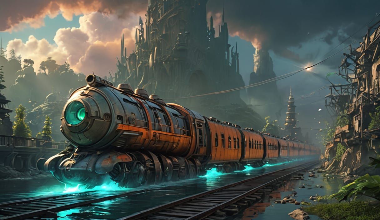 Glowing Alien Warship Battles Underwater Train in a City on...