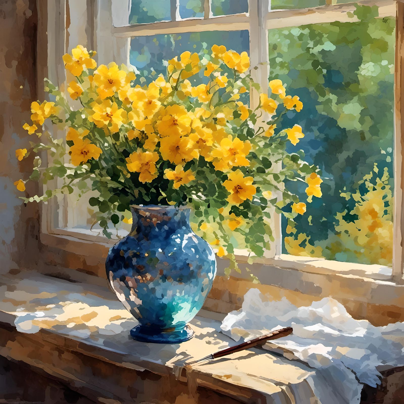 Vase of Yellow Flowers, Impressionist Gouache Painting