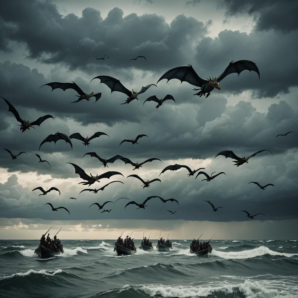 Dragons with Riders Fly Over Stormy Sea