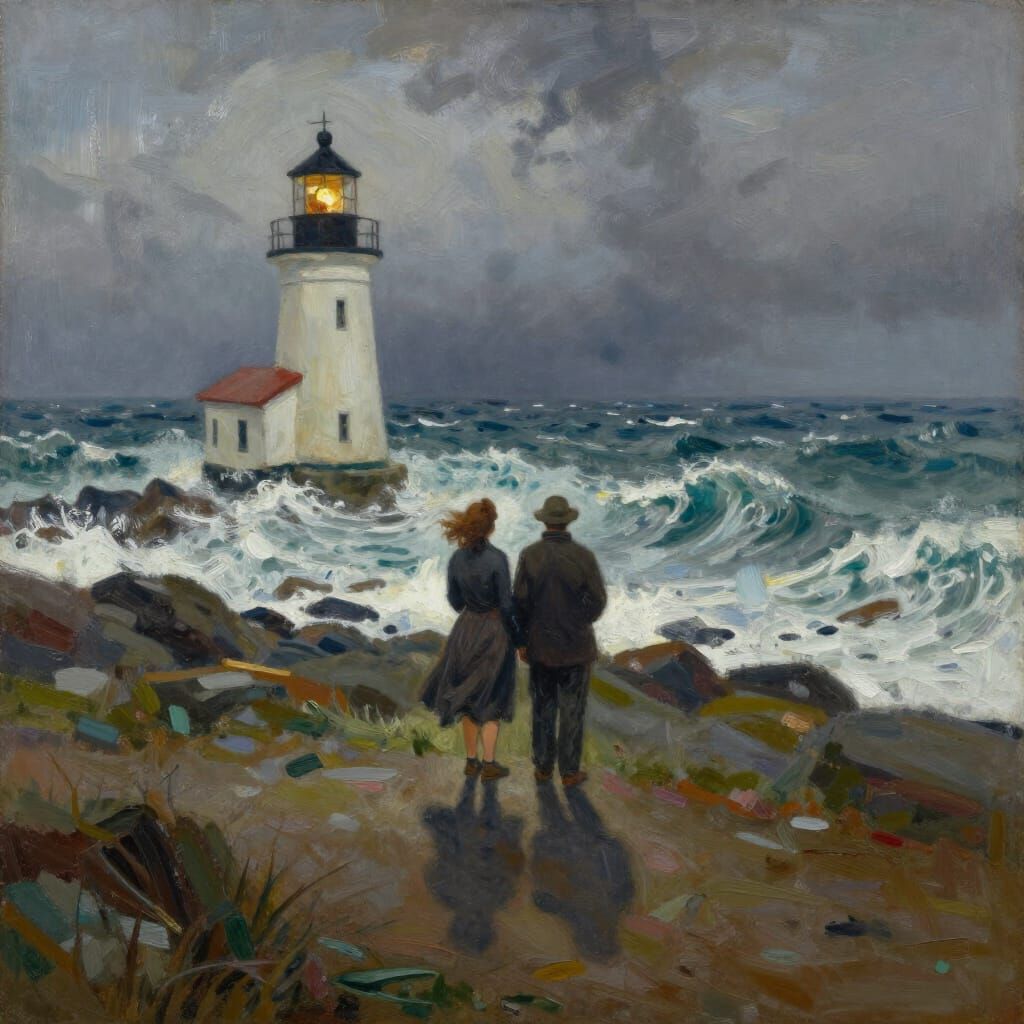 Lighthouse Couple Watches Stormy Sea in Turner Homer Style