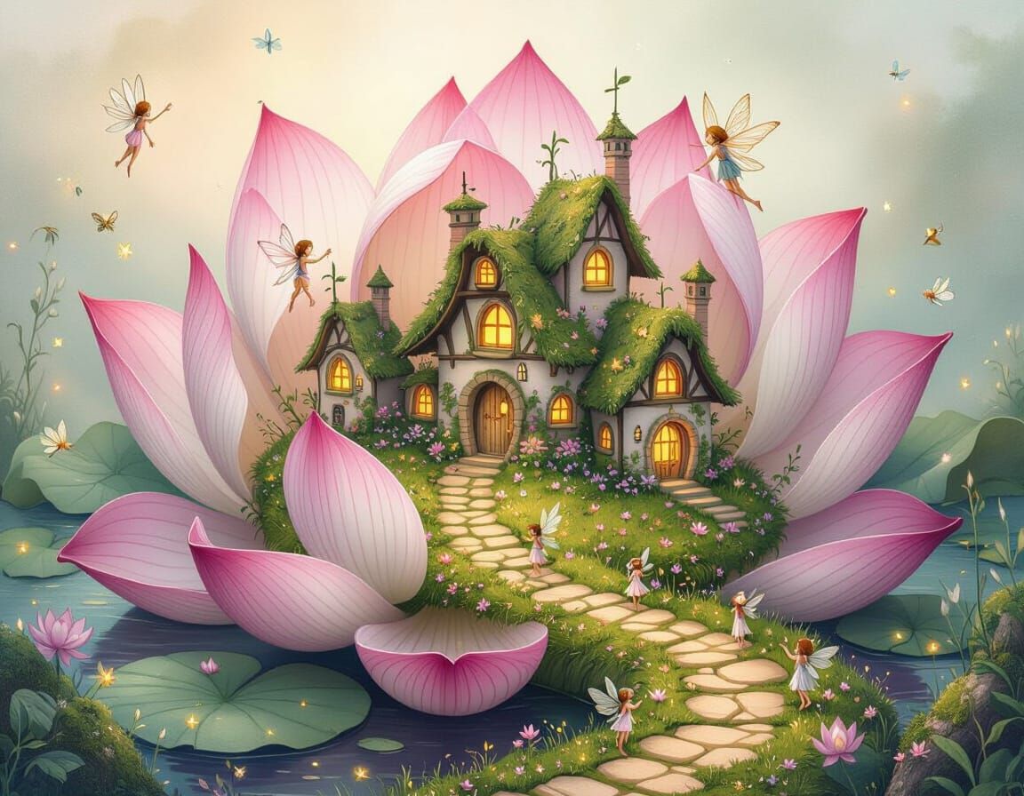 Whimsical Fairy Village in Lotus Flower