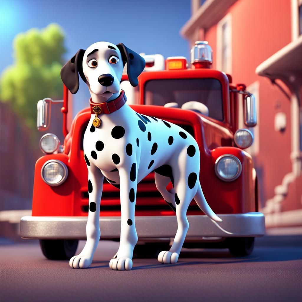 Dalmatian Leaning on Fire Truck in 3D Style