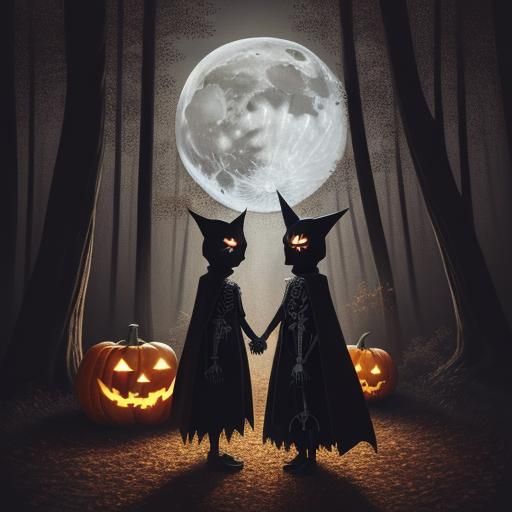 Halloween Children in Spooky Forest, Digital Illustration