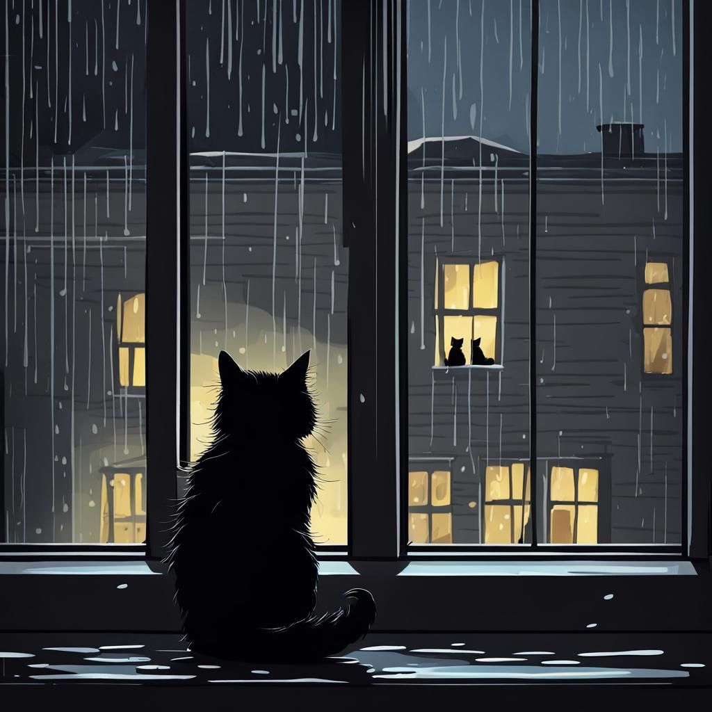 Fluffy Black Cat in Rainy City Window