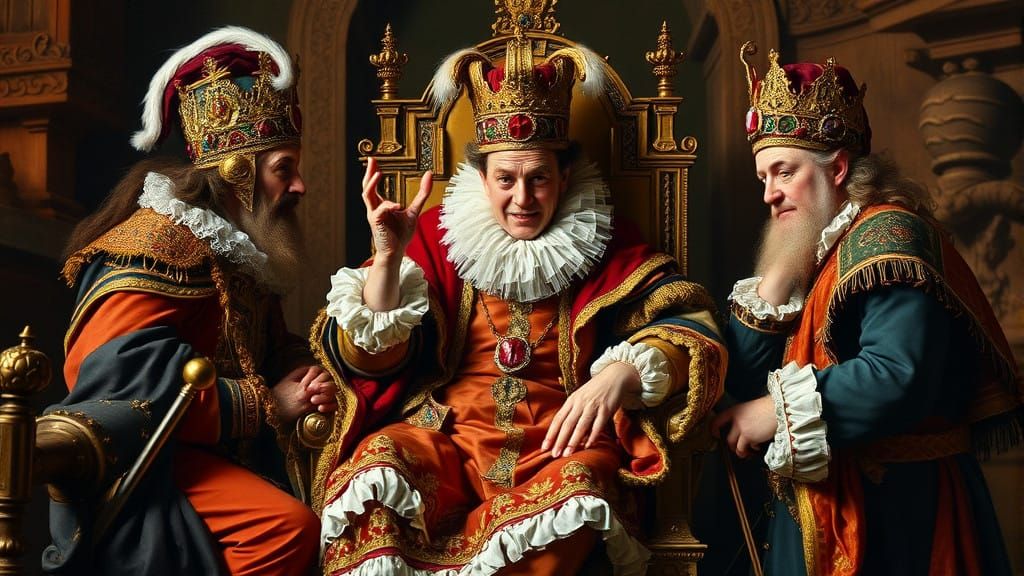 Regal Court Jester in Motley Delights the King on Throne